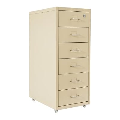 FURNITLEG 6 Drawer Vertical File Cabinet, Steel Filing Storage Cabinet with Lock, 4 Wheels, 22lbs Per Tier, Metal Rolling Storage Drawers for Home Office (Beige)
