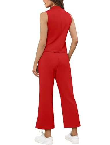 Image of SAMPEEL Two Piece Sets for Women Summer Outfits Lounge Sets Mock Neck Tops Wide Leg Crop Pants Vacation Travel Outfits