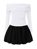 EXARUS Girls Dresses Bubble Teen Party Homecoming Dance Christmas Tween Long Sleeve Off The Shoulder Mini Ruched Dress A-Line Kids with Slip Shorts White Black 12Y