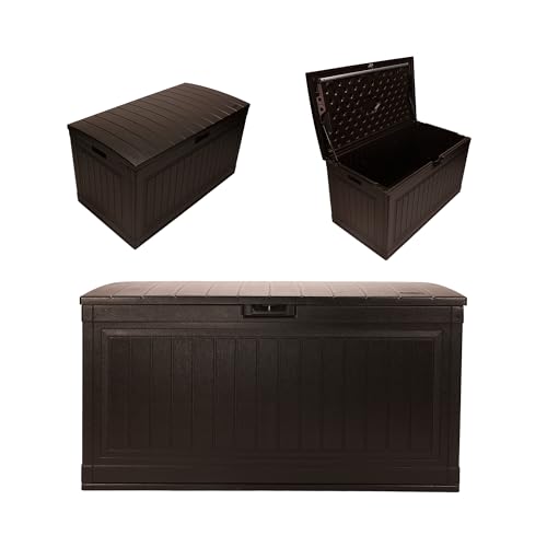 Suncast 80-Gal. Resin Large Outdoor Patio Deck Box with Pad-Lockable Lid, Modern Outdoor Patio Bench/Storage Box for Cushions, Garden Tools, and More, Java