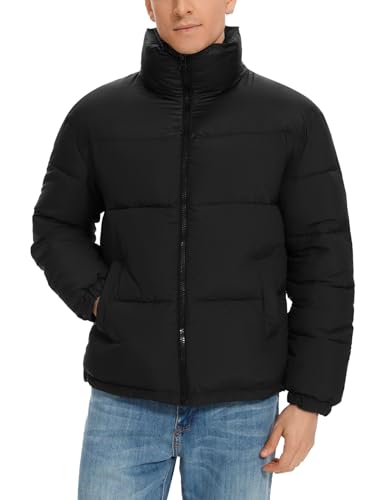 PEHMEA Men’s Puffer Jacket Stand Collar Zipper Coat with Pockets Retro Bubble Outwear for Winter