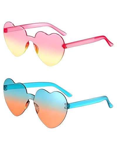 FUGLUS 2 Pares Gafas de Sol de Corazón,Gafas Retro Hippies con Forma de Corazón,Gafas-Sol Transparentes Color Caramelo,Divertidas-Gafas-Fiesta Dos Tonos para Halloween,Carnaval,Adultos,Niños