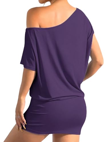 Image of SOLY HUX Women's Off The Shoulder Mini Dress Going Out Asymmetrical Neck Short Sleeve Casual Bodycon T Shirt Dresses