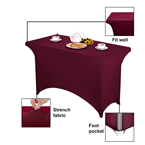 Image of FORLIFE Burgundy Spandex Table Cover - Fitted 4ft Rectangular Tablecloth for Weddings, Banquets, Parties - Stretch Patio Cover