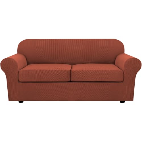 H.VERSAILTEX 3 Piece Stretch Sofa Covers for 2 Cushion Sofa Couch Covers for Living Room Sofa Slipcovers (Base Cover Plus 2 Seat Cushion Covers) Thicker Jacquard Fabric(Large Sofa, Rust)
