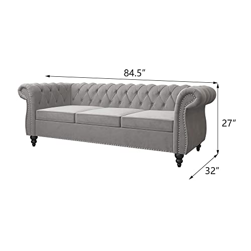 Image of 2 Piece Living Room Set, Velvet Chesterfield Sofa Loveseat Couch with Scroll Arms and Nailhead for Living Room, Office (Grey)