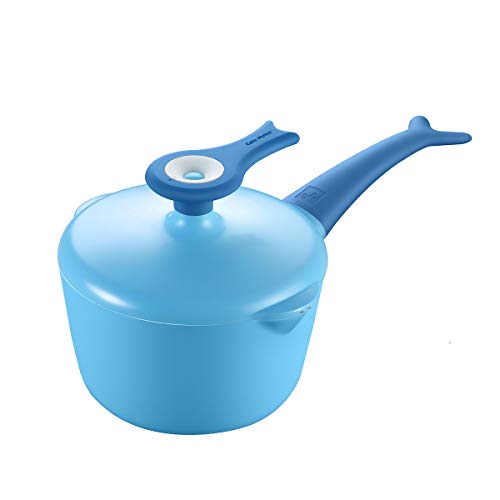 Cate Maker 15-Quart Blue Nonstick Saucepan Milk Pan with Lid Ceramics Saucepan Bakelite Handle Double Diversion Port Cute Pot For Milk Egg Porridge Noodles Cooking