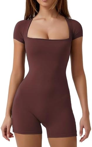 Women's Short Sleeve Bodycon Romper Stretchy Square Neck Sexy Unitard Jumpsuit