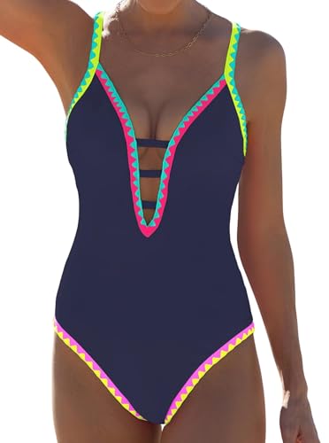 Image of popvil Women One Piece Swimsuit Tummy Control Deep V Neck Neon Cute Bathing Suit Back Tie Swim Suits 2026 Summer