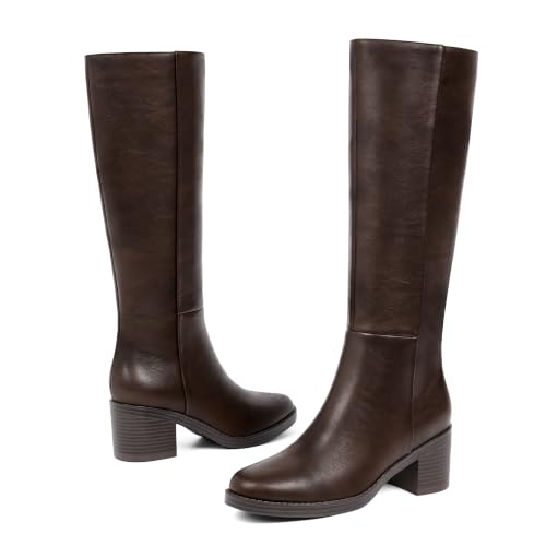 Image of Easyfox Womens Knee High Boots Chunky Low Heel Round Toe Tall Long Boots | Balanced Low Block Heel, Roomy Round Toe, Anti-slip Rubber Outsole, Fashion Heeled Dressy Fall Winter Long Boots for Women