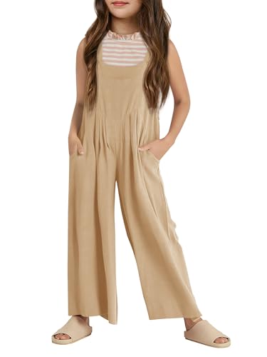 Image of Haloumoning Girls Overalls Kids Casual Sleeveless Wide Leg Jumpsuit Loose Rompers with Pockets 5-14 Years