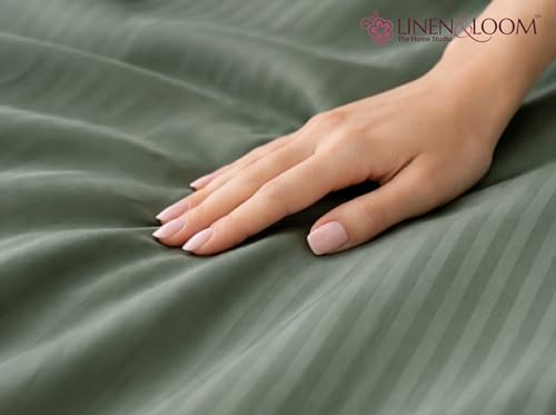 Image of Linen & Loom Elegance Series (60x90 inches) Bedsheet with 1 Pillow Covers | Luxury Striped Cotton Blend Bedsheet Set | Soft, Breathable & Hotel-Style Finish | TC 200 (Mediterranean Green)