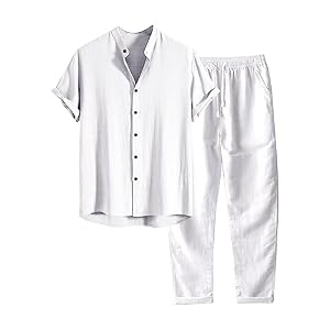 Tweedelig heren zomer wit, 2-delige set opstaande kraag sportpak korte mouwen joggingpak met knoopsluiting linnen overhemd en broek set los looppak ademend strandpak maten S-3XL, wit, XL