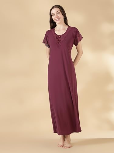 Image of 9shines Label Stylish Soft Modal Maxi Nighty | Honeymoon Nighty | Full Length Trendy Nightgown | V-Neck Lace | Premium Nightdress | Soft Long Nightdress | Maxi Gown Nightwear for Women (Malai Satin)