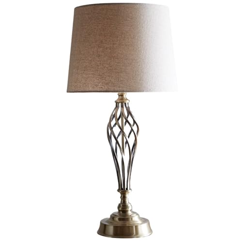 Britalia Antique Brass Table Lamp, Barley Twist Design, Natural Linen Shade, 62cm Height