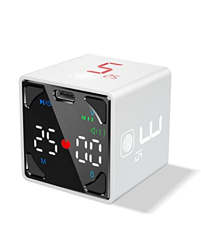 Ticktime Pomodoro Cube Timer, Desk Timer Productivity, Pause & Resume, Silent, Vibrate & Adjustable Sound Alarm, for Work, Study, ADHD, Meeting, 1/3/5/10/15/25/45/60min & Custom Countdown - White
