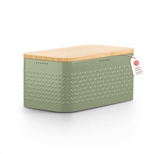 Image of LARS NYSOM Bread Box I Metal bread box for long lasting freshness with non-slip pads I Baked goods Bin with bamboo lid usable as cutting board I 13.6x7.3x6.2in (Sage Green)