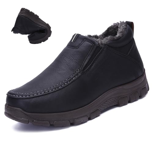 Men's Slip-On Winter Snow Boots Warm Fur Lined Casual Non-Slip Outdoors Leather Booties Cozy Walking Loafers