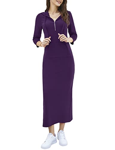 Image of MISSKY Women Casual Pocket Quarter-Zip Neck 3 /4 Sleeve Slim Split Pullover Hoodie Maxi Dress