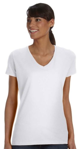 Fruit of the Loom Ladies Mitered V-Neck T-Shirt, WHITE, X-Large