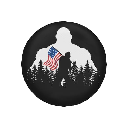 Image of American Flag Spare Tire Cover Bigfoot Hiking Wheel Covers 17 Inch | Black White,Polyester,Protectors Tire Cover,Waterproof,Dust-Proof,Universal,Fit for RV Jeep SUV Motor Travel Camper Tires