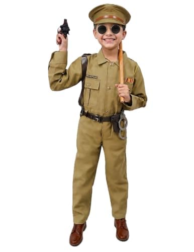 Image of BookMyCostume 10-Pcs Most Comprehensive Set of Kids Police Commissioner Dress - Police Uniform with Gun, Holder, Belt, Toy Handcuffs, Stick, and Black Goggles - Fancy Dress Competition | 4-5 Years