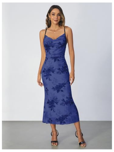 Image of SOLY HUX Women's Floral Mesh Bodycon Cami Dress Cowl Neck Sleeveless Cocktail Party Wedding Guest Long Maxi Dresses