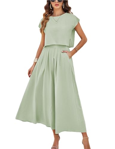 Image of HangNiFang Summer Skirt Sets Women 2 Piece Outfits Cap Sleeve Top Elastic Waist Maxi Dress Sets with Pockets