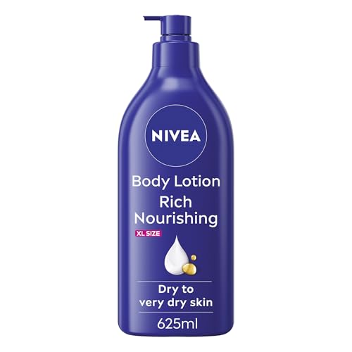NIVEA Rich Nourishing Body Lotion (625ml) Rich 72H Hydration Moisturiser for Dry Skin Made with Deep Moisture Serum and Almond Oil Extra Large NIVEA Body Lotion