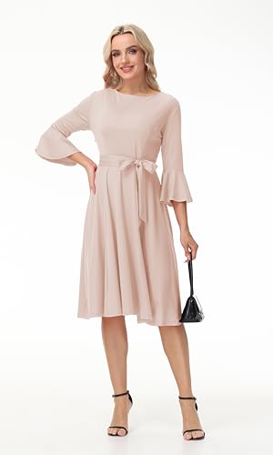 Image of Hostoyo Church Dress for Women Wedding Guest Cocktail Party Dresses Evening Prom Formal Modest Gowns Crew Neck Bell Sleeve