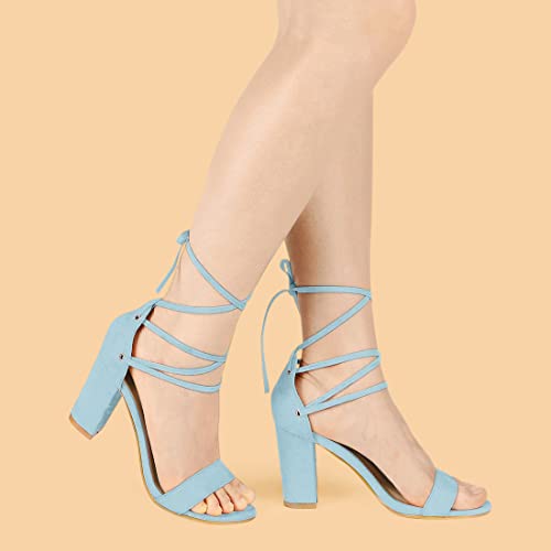 Allegra K Allegra K Women's Lace Up Strappy Heels Sky Blue Chunky High Heels Sandal 6.5 M US