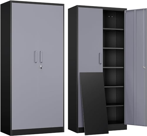 Image of Yizosh Metal Garage Storage Cabinet with 2 Doors and 5 Adjustable Shelves - 71 inch Steel Lockable File Cabinet,Locking Tool Cabinets for Office,Home,Garage,Gym,School (Gray Black)