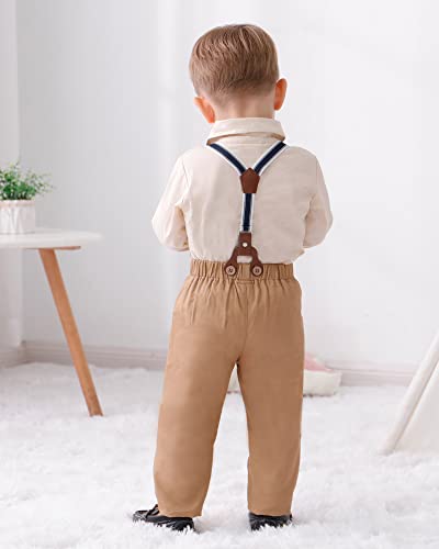 Disaur Baby Boy Clothes Suits, Toddler Dress Shirt With Bowtie + Suspender Pants Outfit Sets Gentleman Wedding 1-6 Years (Beige,12-18 Months) #TOP3