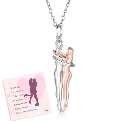 zaxsj Hug Necklace for Women 925 Sterling Silver Man and Woman Hugging Necklace Couples Jewelry Valentines Day Gift Necklace for Wife Girlfriend (Silver & Rose Gold)