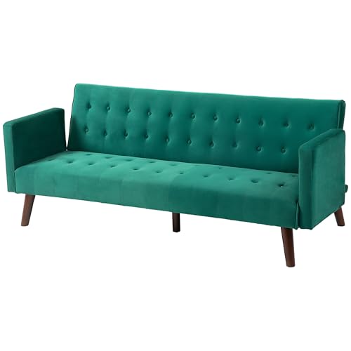 HOMCOM Sofá Cama 3 plazas Clic clac en Tejido de Terciopelo tapizado con Respaldo reclinable en 3 Niveles, Patas de Madera para salón, habitación de Invitados, Verde