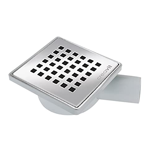 Creavit Bodenablauf PVC mit Edelstahlgitter, Duschablauf, Bodenablauf, Duschrinne, DN50 waagerecht, mit Geruchsverschluss, eckiger Duschablauf für Bad und Dusche, 150 x 150 mm, Chrom