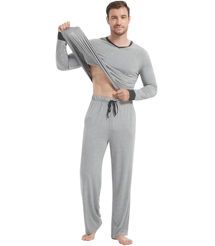 Image of NACHILA Pajamas for Men-Viscose Made from Bamboo, Long Sleeve Pajamas Set Comfy Sleepwear Pants Soft V Neck Pjs with Pockets