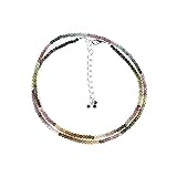 Gempires Watermelon Tourmaline Beaded Choker Necklace for Women, Tourmaline Necklace, Crystal Choker Necklace, Silver Plated Chain, Gemstone Jewelry 18 inch AA+ Quality