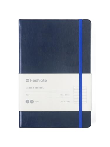 FasNote A5 Lined Notebook PU Leather Hardcover Journal 100gsm Thick Paper Professional Notebook for Work Meetings & Daily Planning Midnight Blue Includes a 2025 calendar card.