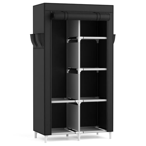 Armoire de Rangement, Penderie en Tissu Avec Housse, Armoire Portable Avec Barre de Suspension et Étagères Pour Vestiaire, Chambre, Vestidor, (Noir, 84x42x162cm)