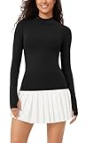 ODODOS Cloud Feeling Long Sleeve Shirts with Thumb Hole for Women Mock Neck Yoga T-Shirts Workout Tops, Black, Large