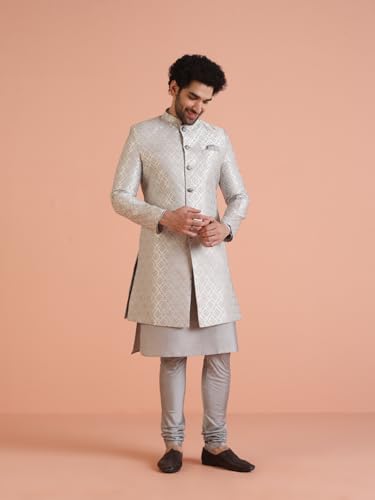 Image of KISAH Men's Silk Blend Full Sleeves Regular Fit Woven Design Blue Kurta Indo Western Sherwani Churidar Set | Traditional Wear for Men