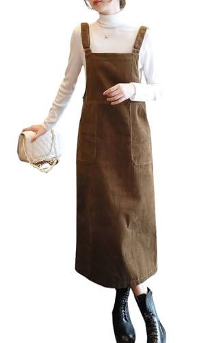 chouyatou Womens Cute Corduroy Adjustable Strap Overall Dress fringe Pinafore Baggy Maxi Long Tank Dress