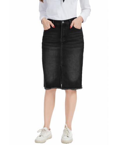 MINTLIMIT Women's Jean Skirt High Waist Front Slit 2025 Frayed Raw Hem Waistband on Back Casual Stretchy Midi Denim Skirts4
