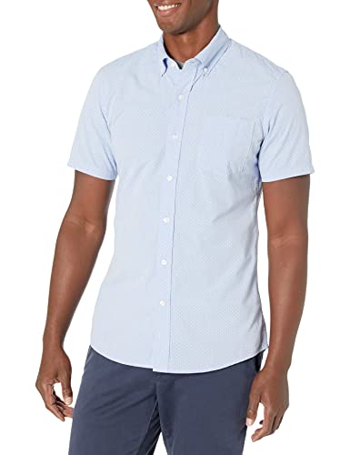 Amazon Brand - Goodthreads Men's Slim-Fit Short-Sleeve Printed Poplin Shirt, Blue/White, Medium