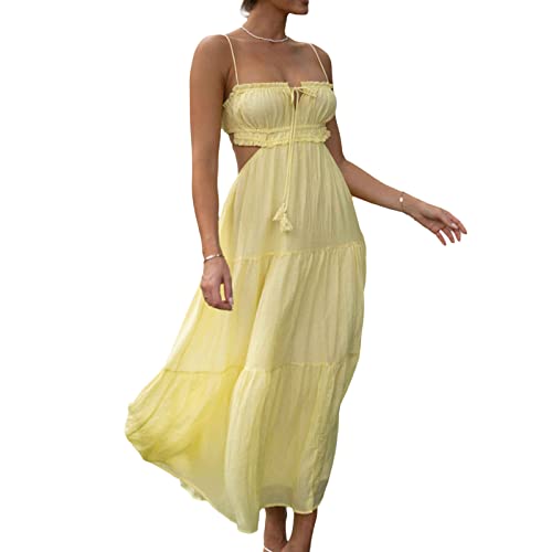 Muineobuka Women Y2k Spaghetti Strap Low Cut Long Dress Backless Tie Up Tiered Bodycon Maxi Dress for Cocktail Party Yellow - Thumbnail 4