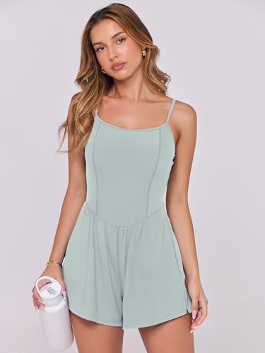 Image of ANRABESS Women Rompers Summer Casual Sleeveless Spaghetti Strap Jumpsuit Built-in Shorts Athletic Workout One Piece Outfits Light Green Medium