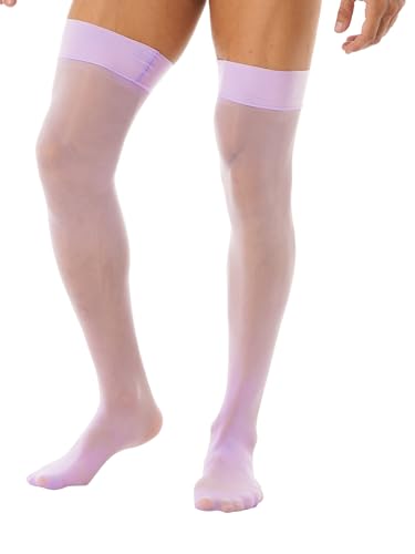 Men's Glossy See-through Stockings Thin Shiny Solid Color Stretchy Sheer Thigh High Socks Lavender One Size2