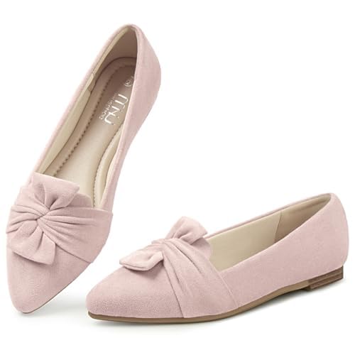 MUSSHOE Women's Pointed-Toe Ballet Flat：Bowknot Dressy Flats Comfortable Memory Foam Shoes - Wedding Party Business Work Office Pink Suede 42