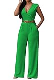 Pink Queen Women's Sleeveless V Neck Long Loose Belted Jumpsuits Rompers (XL, Light Green)